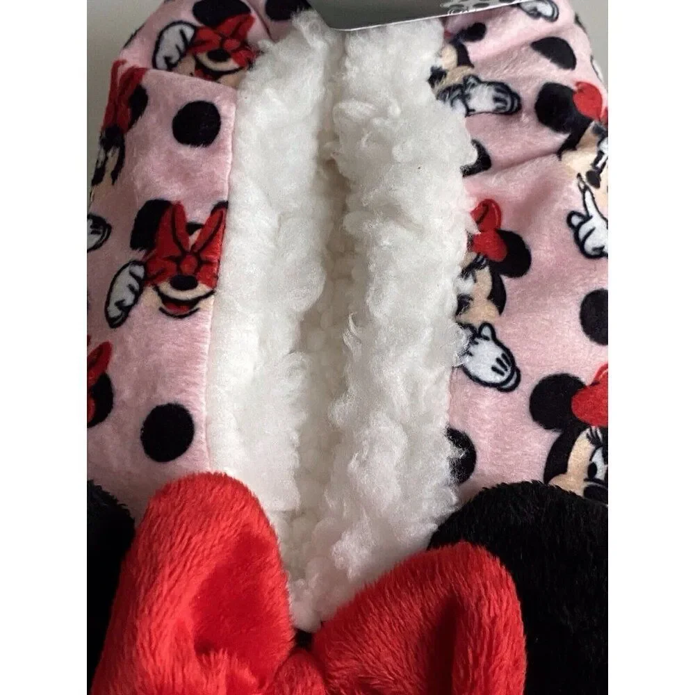 Disney Minnie Mouse Ears Bow Fuzzy‎ Babba Women’s Slipper Socks Sz S/M 5.5/7.5